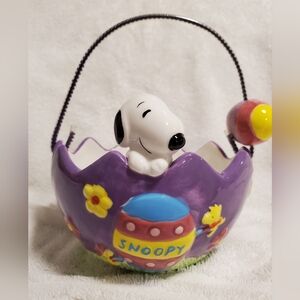 Vintage Easter Basket "candy dish" Y2K 2001 Peanuts Snoopy & Woodstock Ribbon